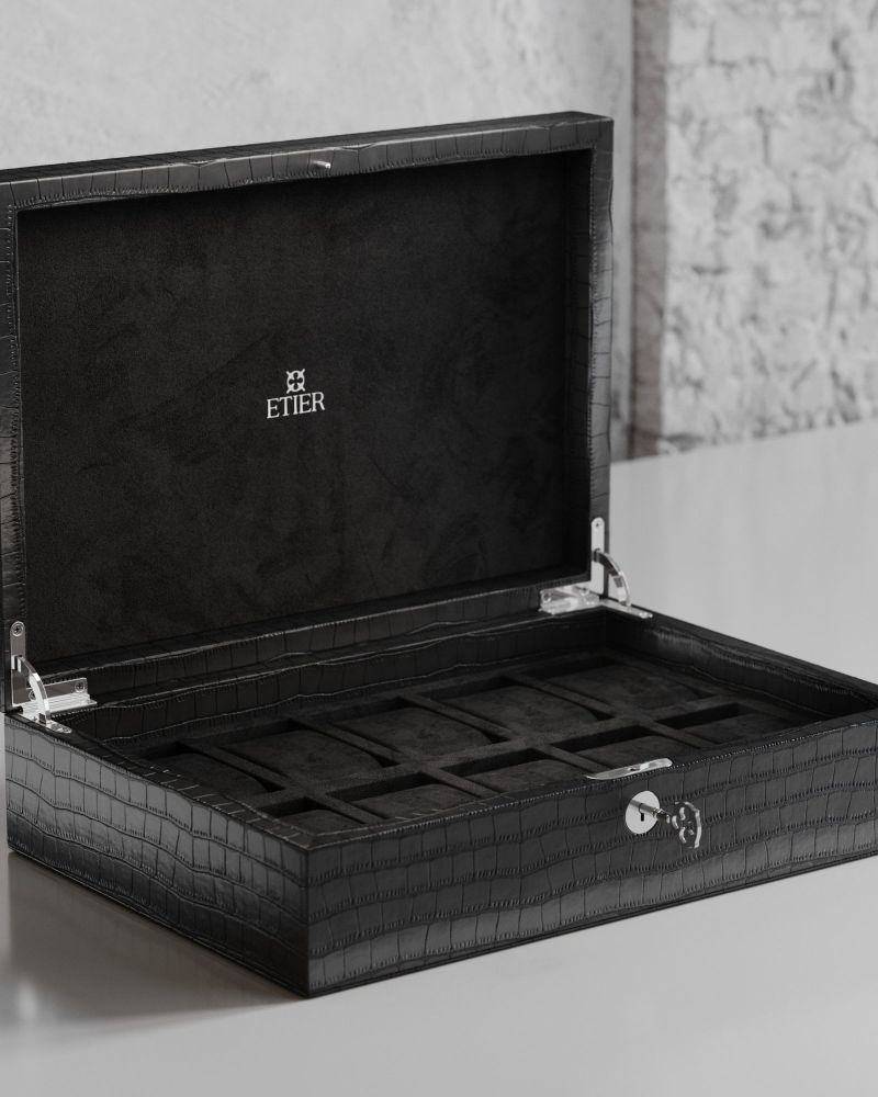 Etier Watch Rolls & Case Black Crocodile Leather Set