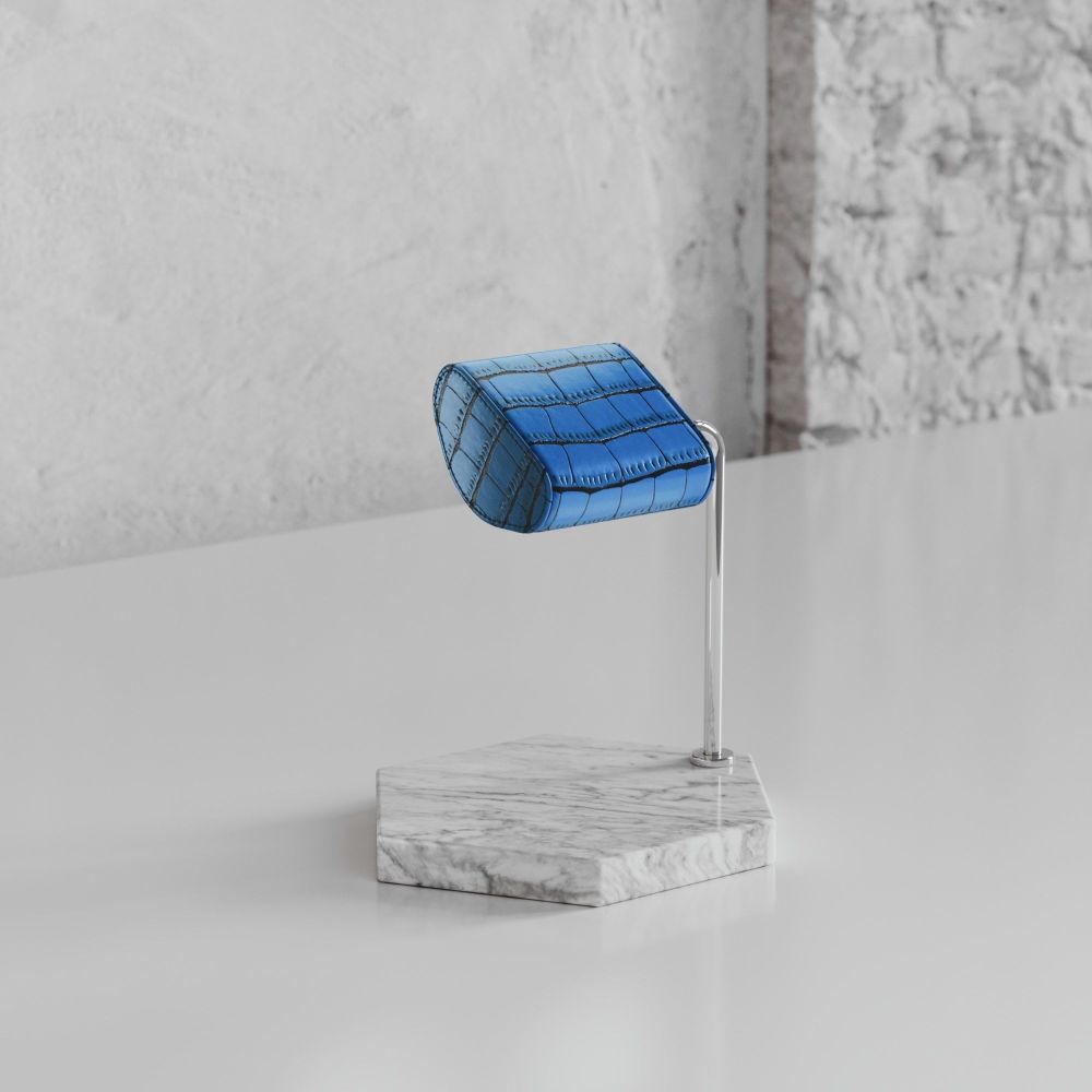 Etier Single Watch Stand Carrara Marble & Blue Crocodile Leather